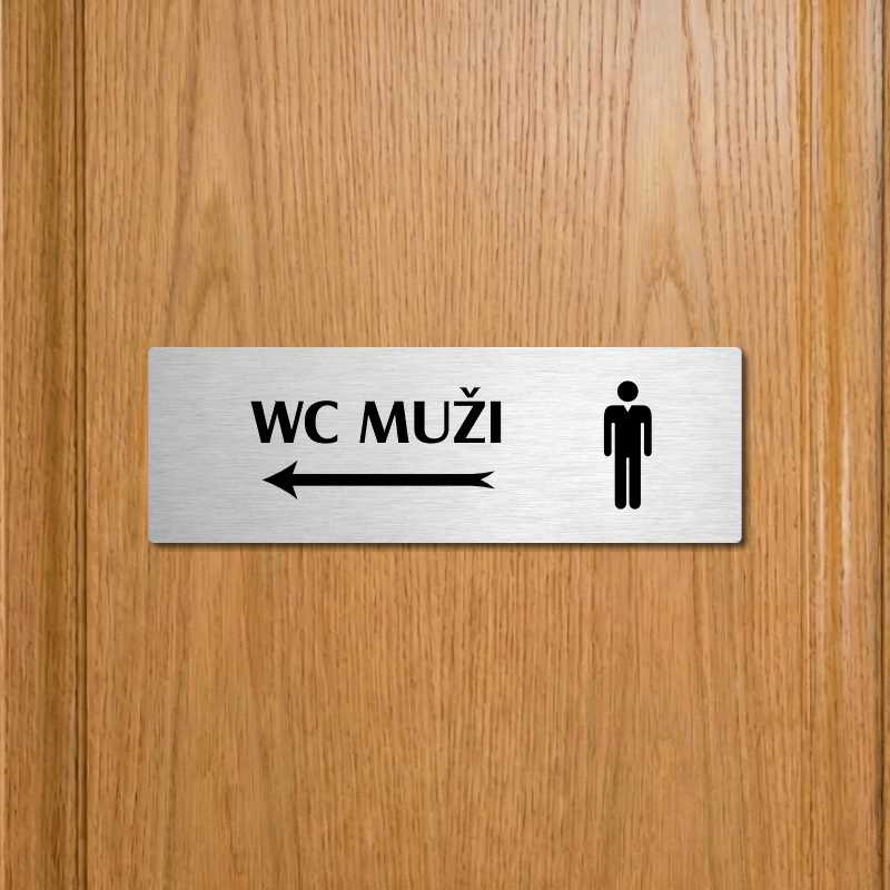 WC muži vlevo, 200x66mm, stříbrná popiska s ozdobou uprostřed